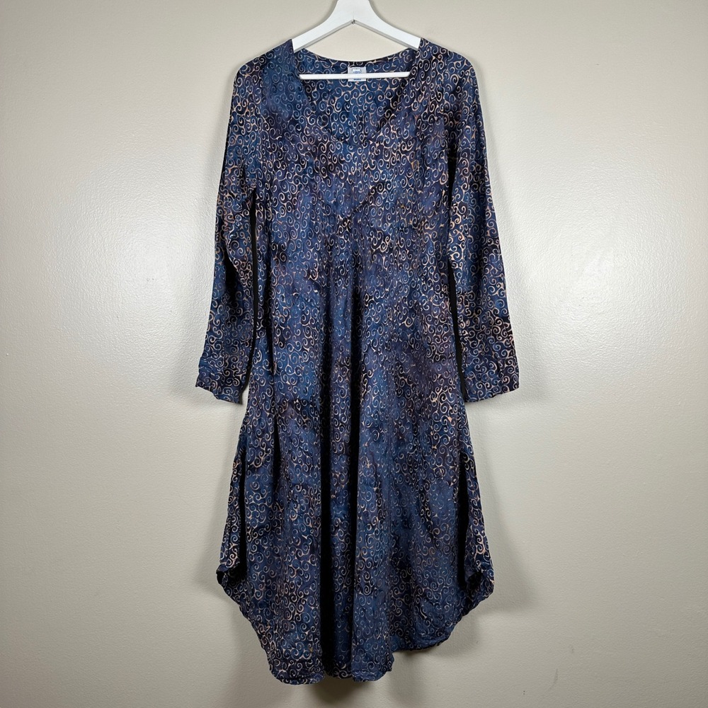 Mexicali Blues Women's L Midi Dress Blue Batik Swirl Rayon Long Sleeve Boho